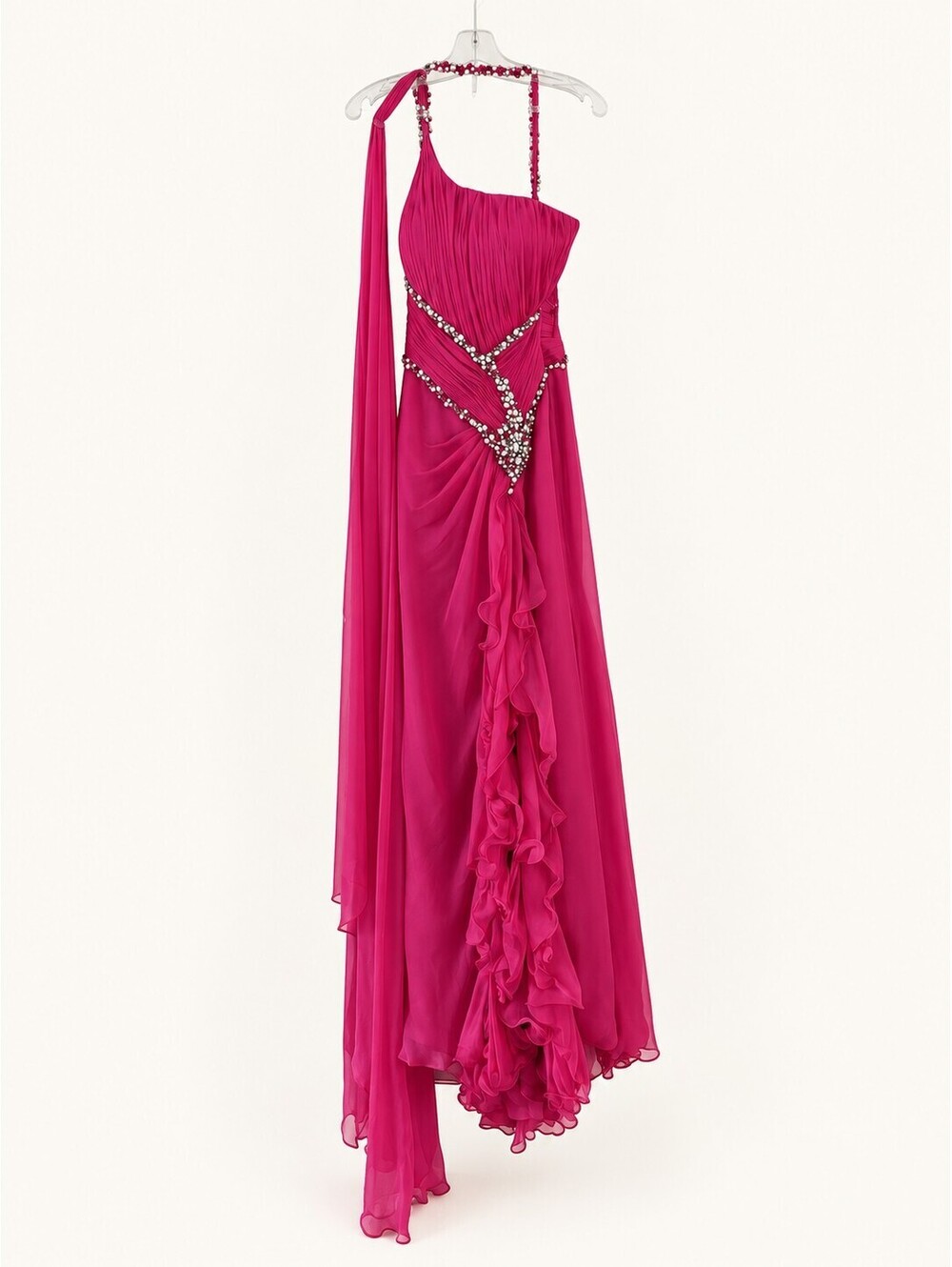 Mac Duggal Pageant Size 6 Fuchsia Silk Beaded One Shoulder Gown